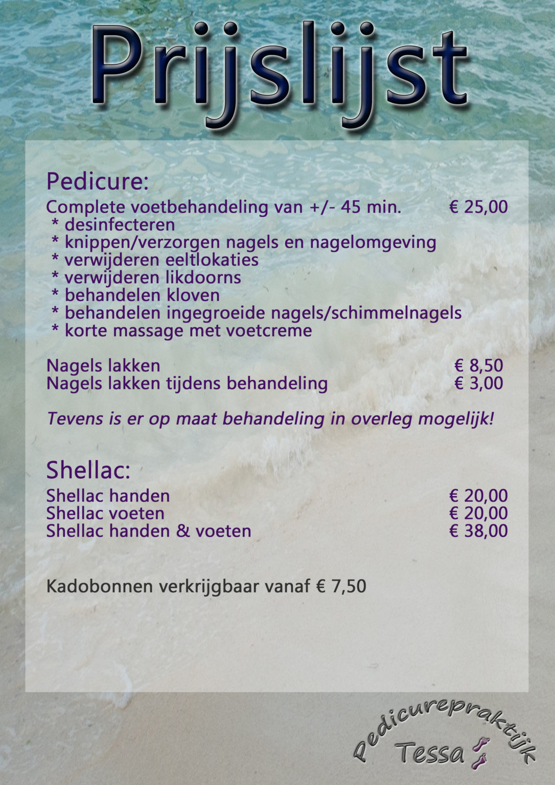 Tarieven Pedicurepraktijk Tessa